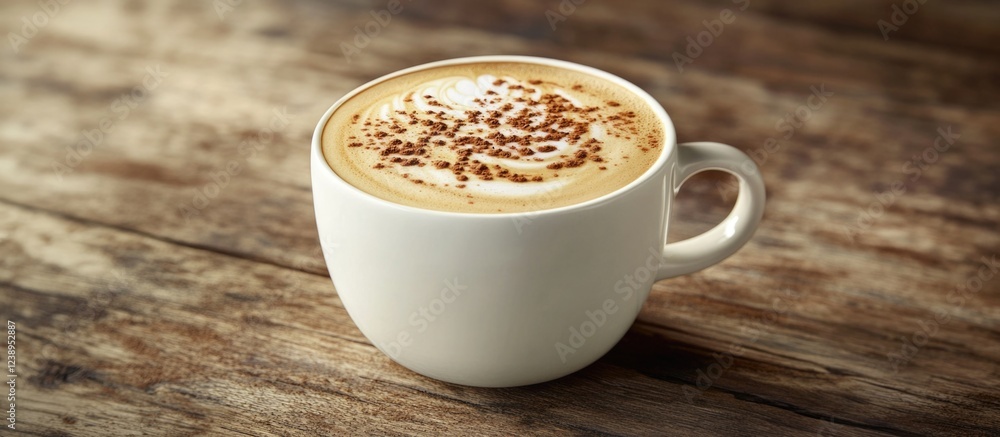 Aromatic cappuccino in white cup on rustic wooden table with rich frothy top and cocoa powder, Copy Space Aromatic cappuccino in white cup on rustic wooden table with rich frothy top and cocoa powder, Copy Space