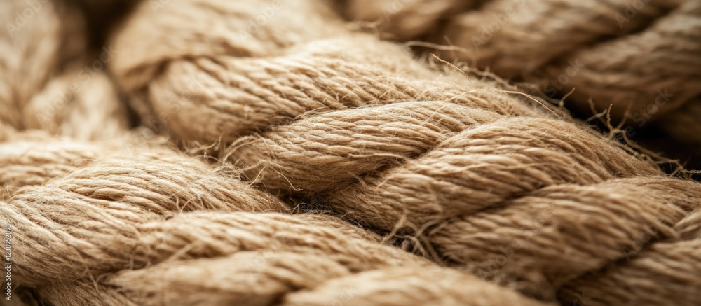 Close-up view of natural jute rope fibers intertwined showcasing texture and detail with Copy Space for text placement Close-up view of natural jute rope fibers intertwined showcasing texture and detail with Copy Space for text placement
