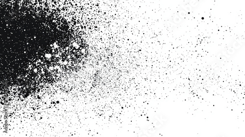 An abstract display of splattered black paint contrasted against a white background, featuring a dynamic spread of different-sized droplets and textures
