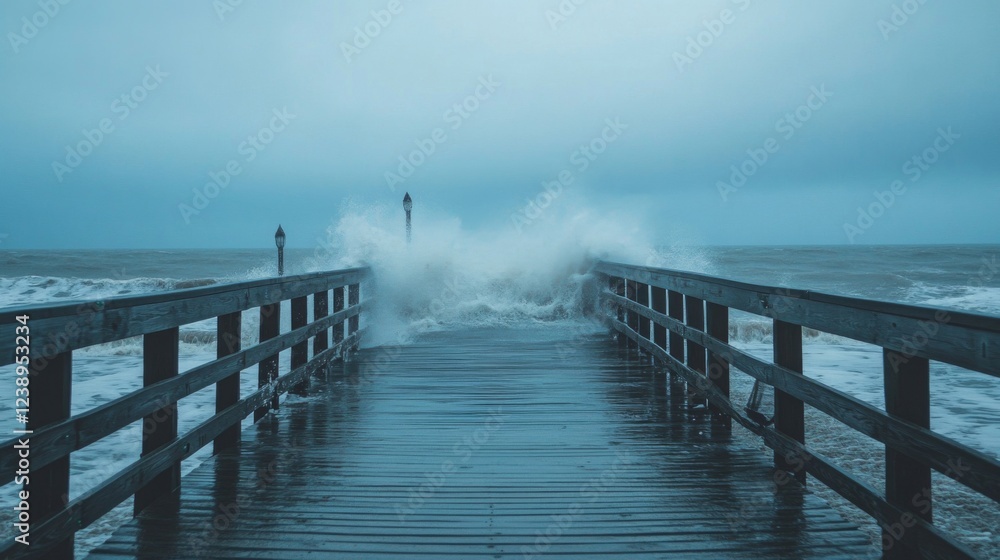 Obraz premium Turbulent Waves Crashing Against a Wooden Pier