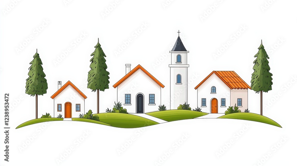 Naklejka premium Charming Cartoon Village with White Houses, Green Trees, and a Sunny Landscape Scene