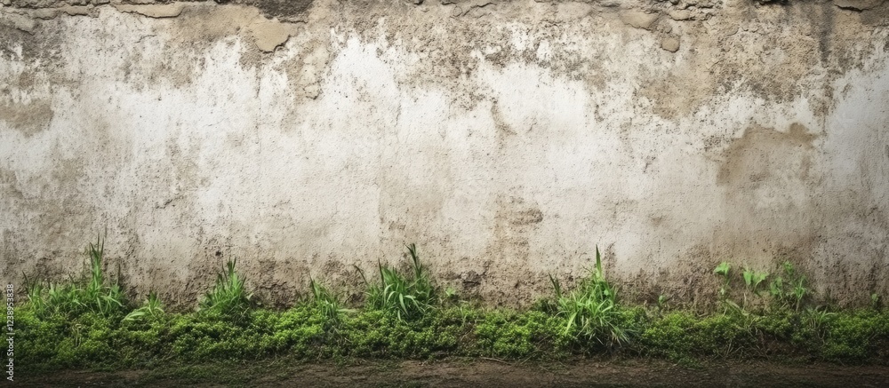 Obraz premium Old textured wall with green grass at the base and visible decay details with copy space for text.