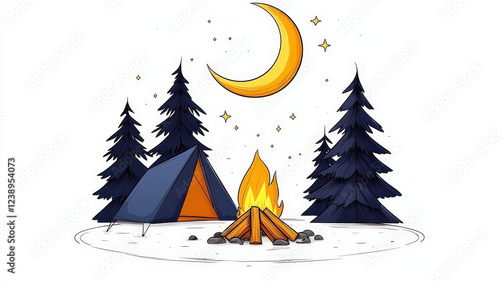 Cozy Camping Scene with Tent and Fire Under a Starry Night Sky and Crescent Moon Cozy Camping Scene with Tent and Fire Under a Starry Night Sky and Crescent Moon