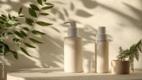 Table with three white bottles and a potted plant. The bottles are placed on a white surface, and the potted plant is next to them. Concept of calm and relaxation, as the bottles