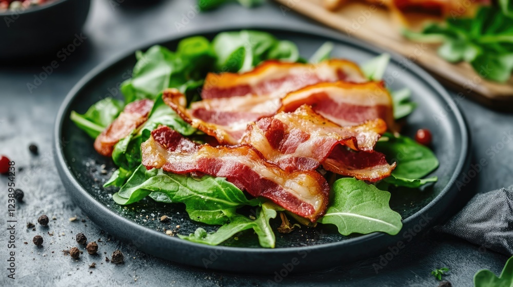Fresh arugula salad topped with crispy bacon slices on a black plate with scattered spices in the background Copy Space Fresh arugula salad topped with crispy bacon slices on a black plate with scattered spices in the background Copy Space
