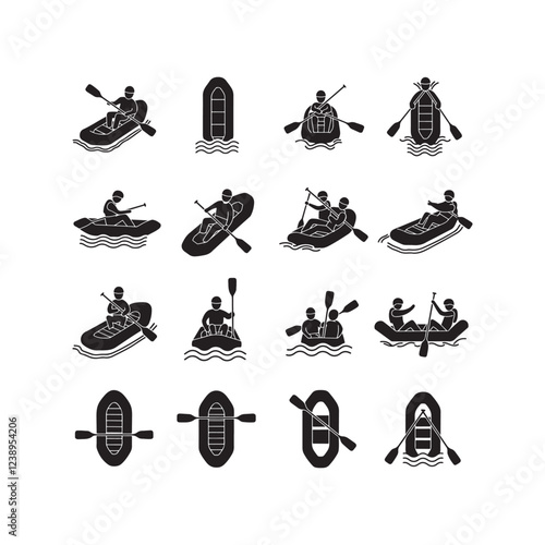 river rafting kayak silhouette icon collection set vector flat design