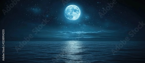 Full moon over calm ocean water at night with starry sky Copy Space