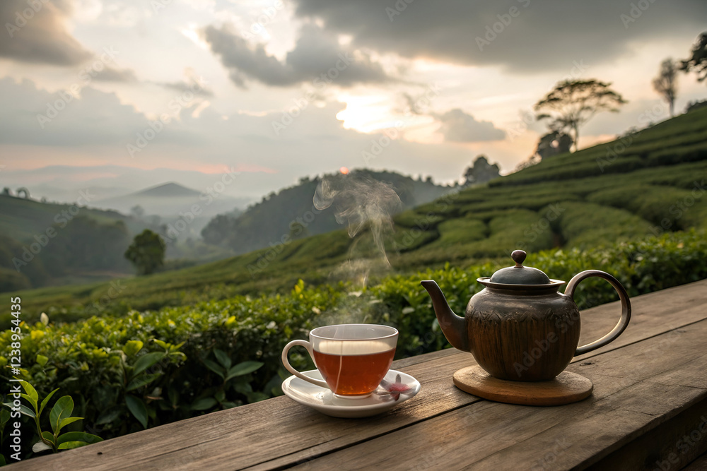 Warm cup of tea with teapot made up on the tea garden Warm cup of tea with teapot made up on the tea garden