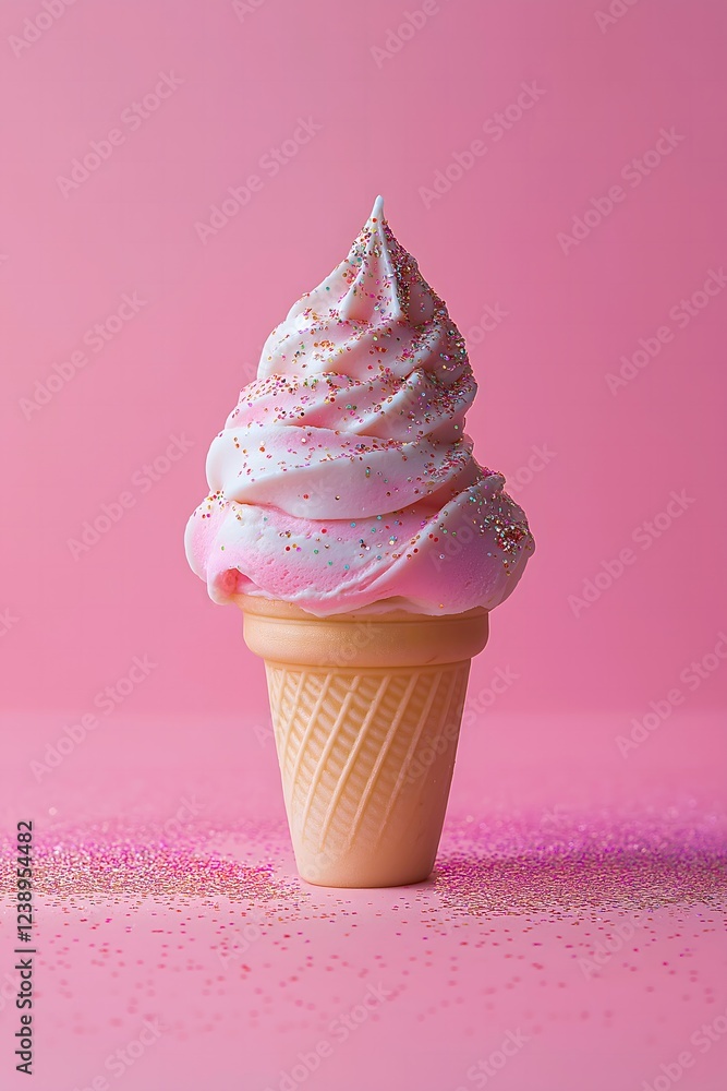 Pink ice cream with subtle confetti on it on a pastel pink background. Summer, concept.