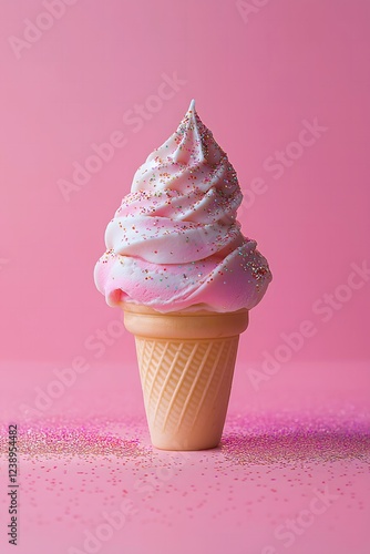 Obraz na płótnie Pink ice cream with subtle confetti on it on a pastel pink background. Summer, concept. w salonie