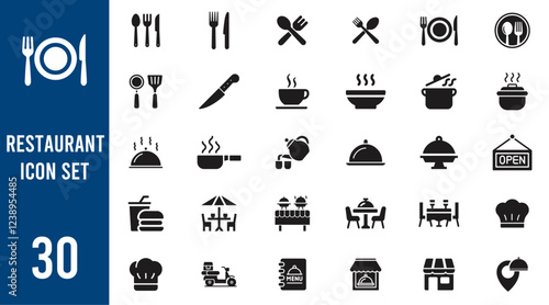 Restaurant Food icon set, sign and symbol,  Fork, spoon, knife, plate, chef hat, and cloche or tray icon Vector illustration.	