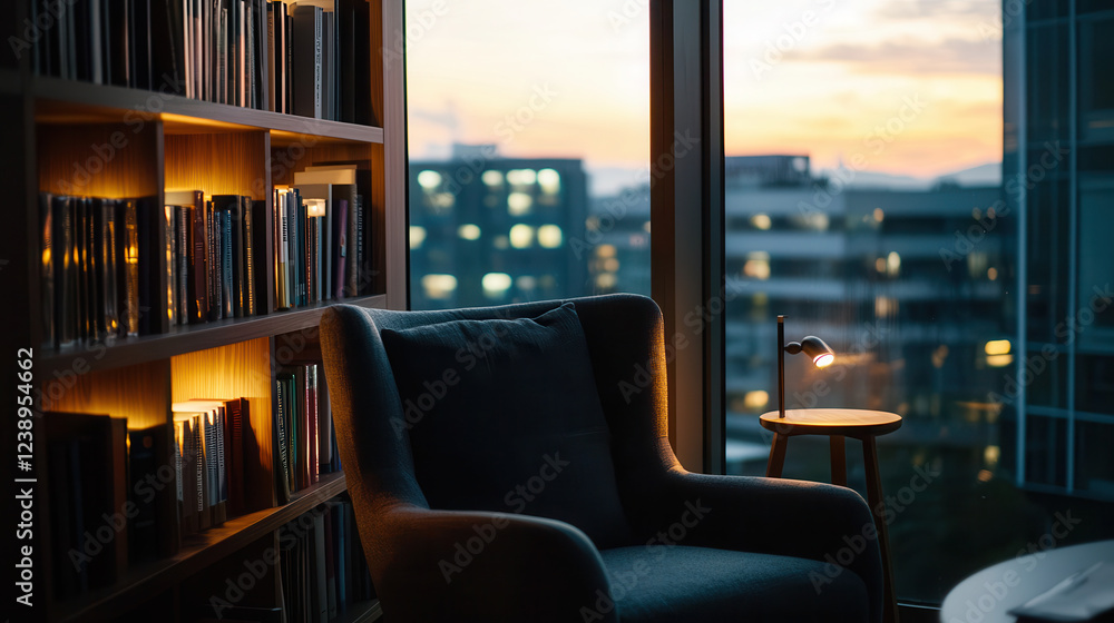 cozy reading nook with bookshelf, armchair, and warm lighting creates serene atmosphere for relaxation