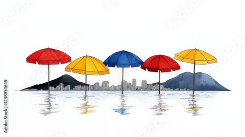 Wallpaper Mural Colorful Umbrellas on a Serene Beach with City Skyline in the Background Torontodigital.ca