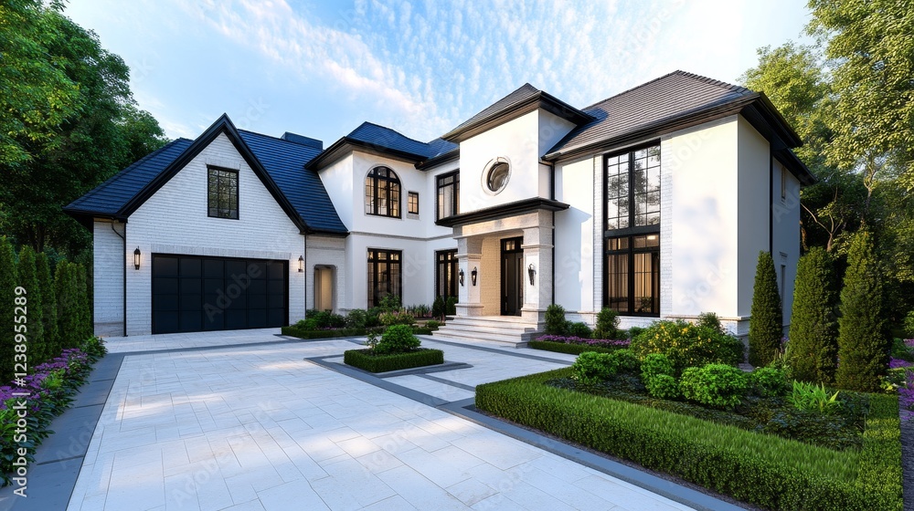 Elegant Modern Home Exterior - Stunning contemporary home with white exterior, black accents, and landscaped gardens. Luxury real estate. Elegant Modern Home Exterior - Stunning contemporary home with white exterior, black accents, and landscaped gardens. Luxury real estate.