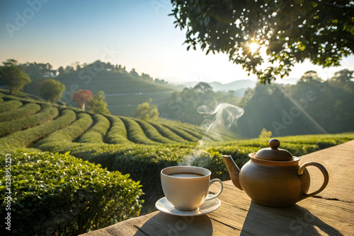 Warm cup of tea with teapot made up on the tea gardens