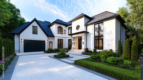 Elegant Modern Home Exterior - Stunning contemporary home with white exterior, black accents, and landscaped gardens.  Luxury real estate.