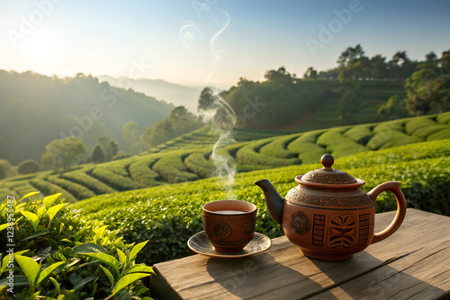 A cup of hot tea with tea leaves made up in a tea garden