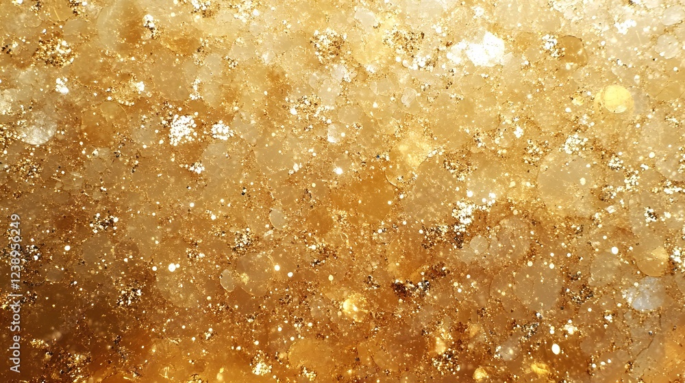 Shimmering Golden Confetti Cloud Over Abstract Textured Surface