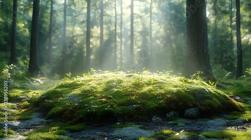 Sunlit mossy knoll in misty forest, nature background