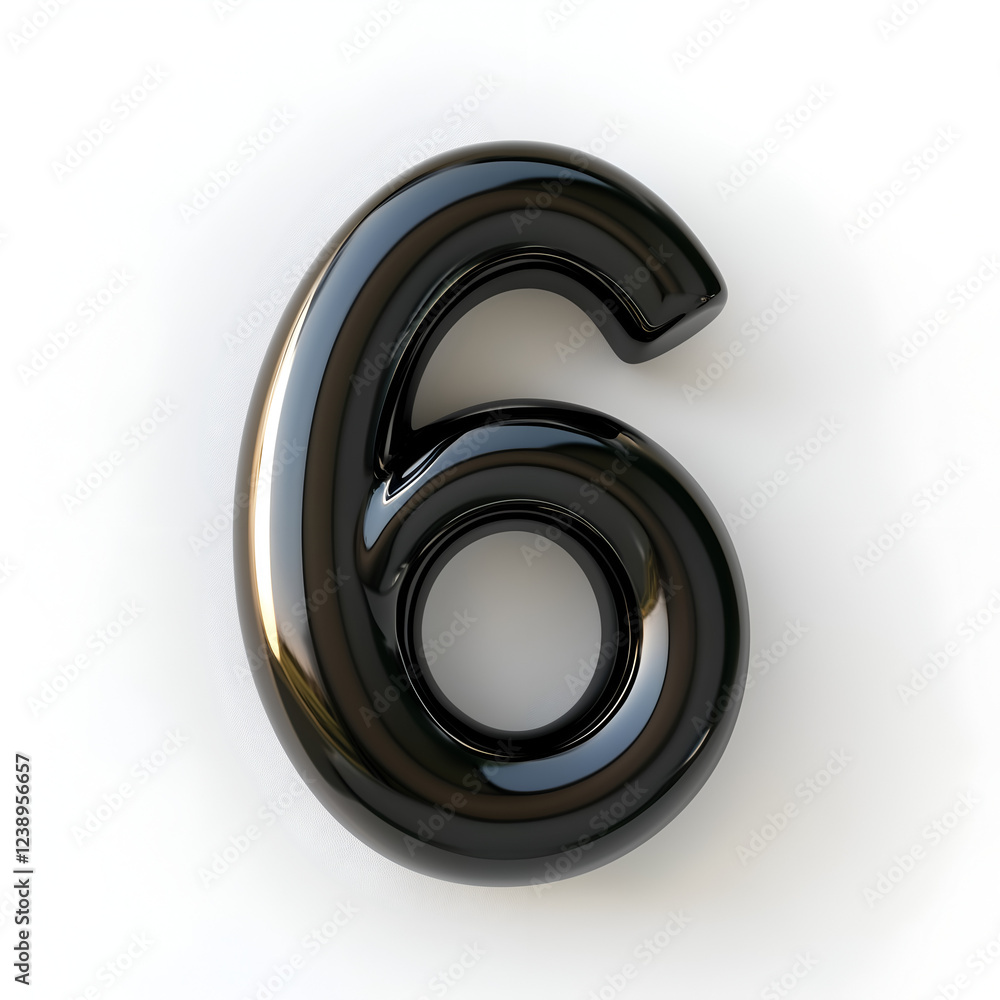 A glossy black number 6 displayed against a white background, emphasizing its sleek design and modern aesthetic. A glossy black number 6 displayed against a white background, emphasizing its sleek design and modern aesthetic.