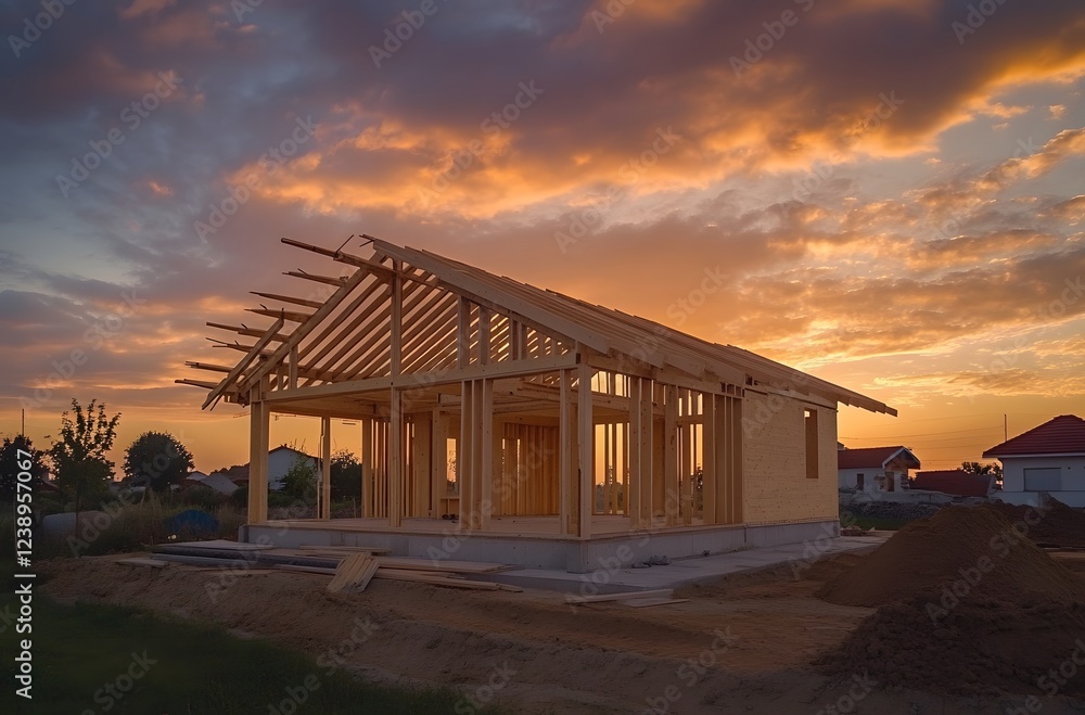 Obraz premium Wooden House Under Construction Against Vibrant Sunset Sky Capturing Elements of Home Building