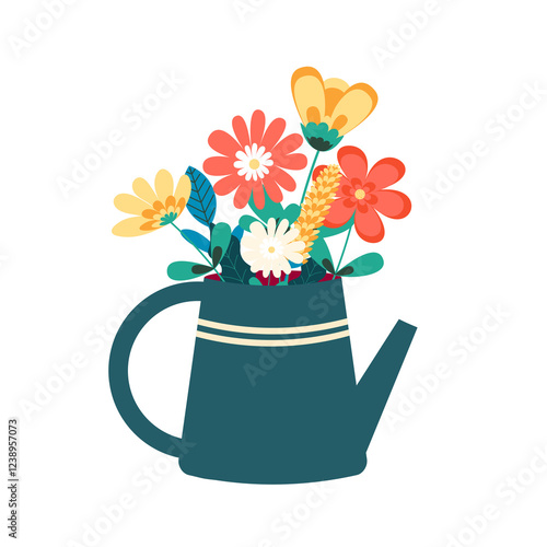 Beautiful summer flowers in a garden watering can
