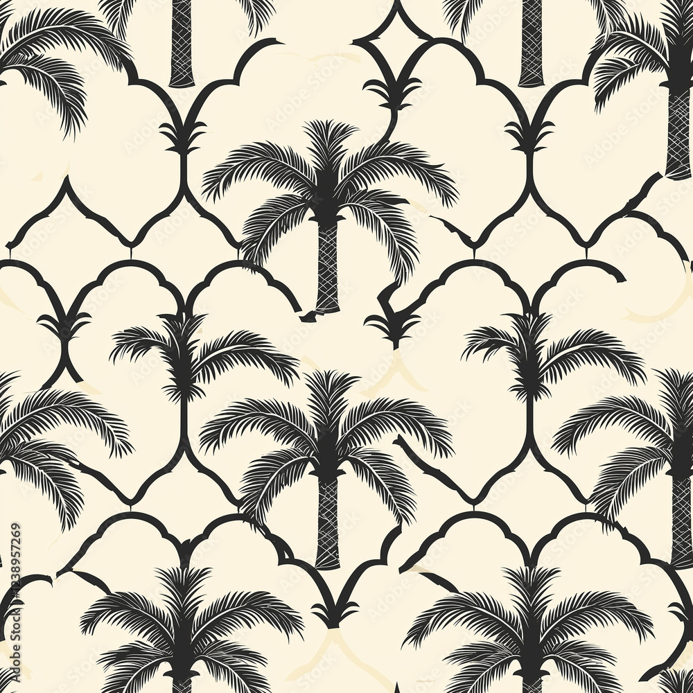 Exquisite arabic seamless pattern featuring palm trees decorative design digital art warm tones aesthetic appeal Exquisite arabic seamless pattern featuring palm trees decorative design digital art warm tones aesthetic appeal