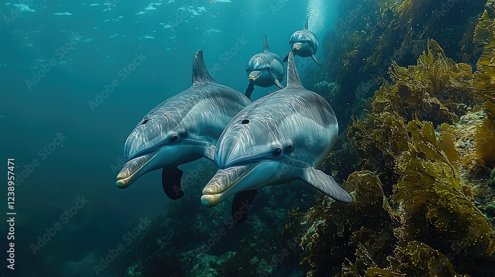 Fototapeta premium Dolphins swimming near kelp forest in ocean