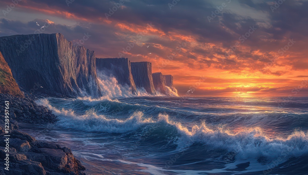 Fototapeta premium Dramatic coastal cliffs with waves crashing against them, framed by a fiery sunset sky
