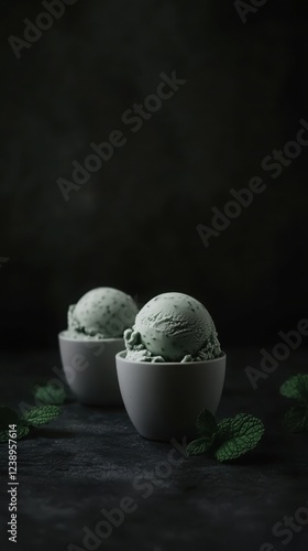 Mint chocolate chip ice cream balls in cups on dark background photo