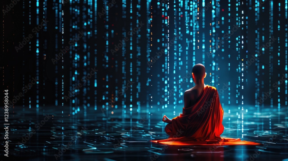 Deep In Thought: Monk Amidst Digital Rain Deep In Thought: Monk Amidst Digital Rain