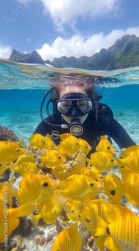 Scuba Diver Surrounded by Vibrant Yellow Tropical Fish in Bora Bora s Crystal Clear Waters photo