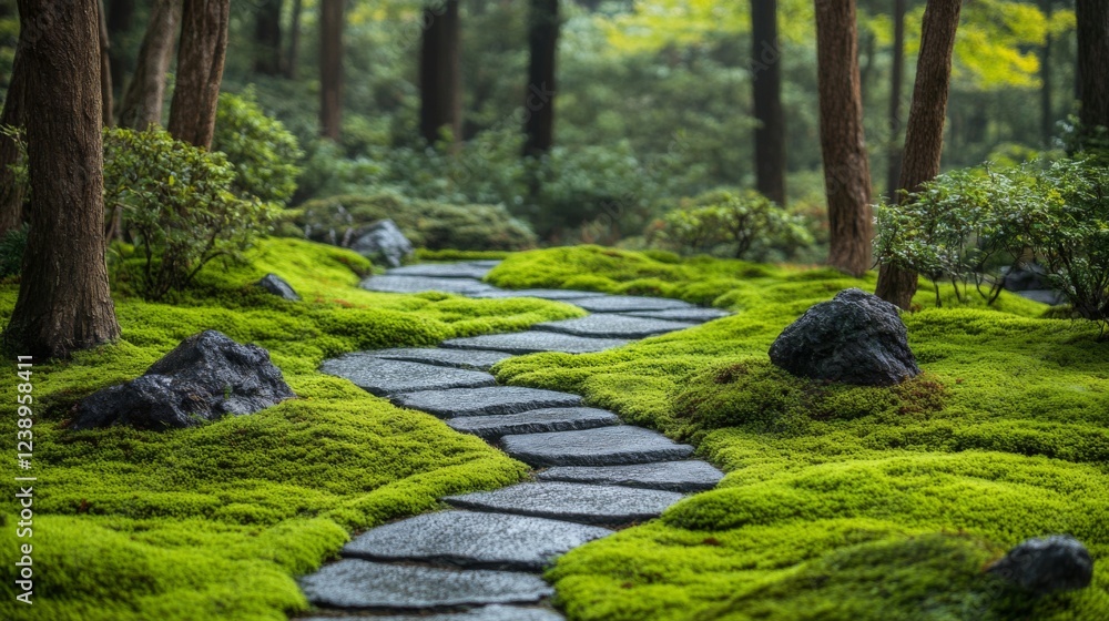 Serene Stone Path Winding Through Lush Mossy Japanese Garden Serene Stone Path Winding Through Lush Mossy Japanese Garden