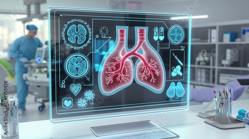 heart and lungs graphic on a digital screen in a medical office, showing the prevention of cardiovascular diseases through healthy habits. NCDs or non-communicable diseases are a group of chronic  photo