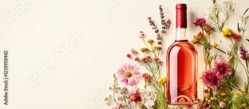 Wallpaper Mural Rose wine bottle surrounded by colorful flowers on light background with Copy Space for text Torontodigital.ca