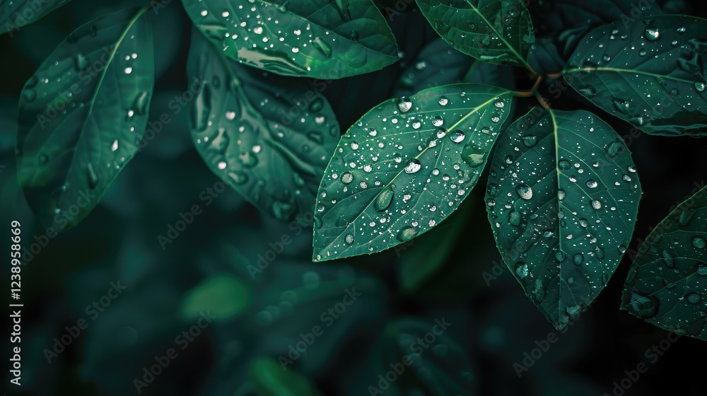 Fototapeta premium Beautiful dark green leaves with water droplets