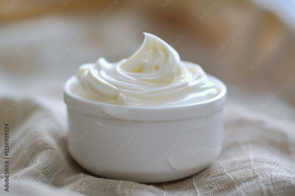 White ceramic bowl full of smooth cream cheese on a linen cloth White ceramic bowl full of smooth cream cheese on a linen cloth