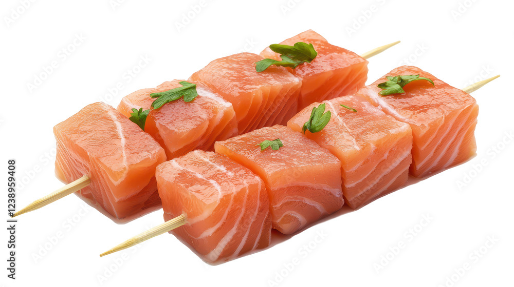Fresh salmon fillet cubes on wooden skewers, ready for grilling or kebabs Fresh salmon fillet cubes on wooden skewers, ready for grilling or kebabs