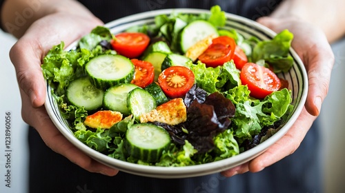 holding a salad bowl filled with leafy greens, tomatoes, and cucumbers, representing a healthy diet choice for reducing obesity and NCD risks. NCDs or non-communicable diseases are a group of  photo