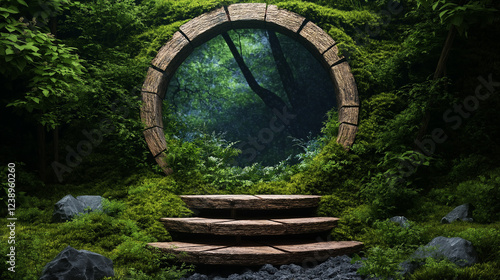 Enchanted Forest Gateway: A circular stone archway, draped in vibrant moss, forms a mysterious portal leading into a lush and enchanted forest, inviting viewers to embark on a journey of wonder. photo