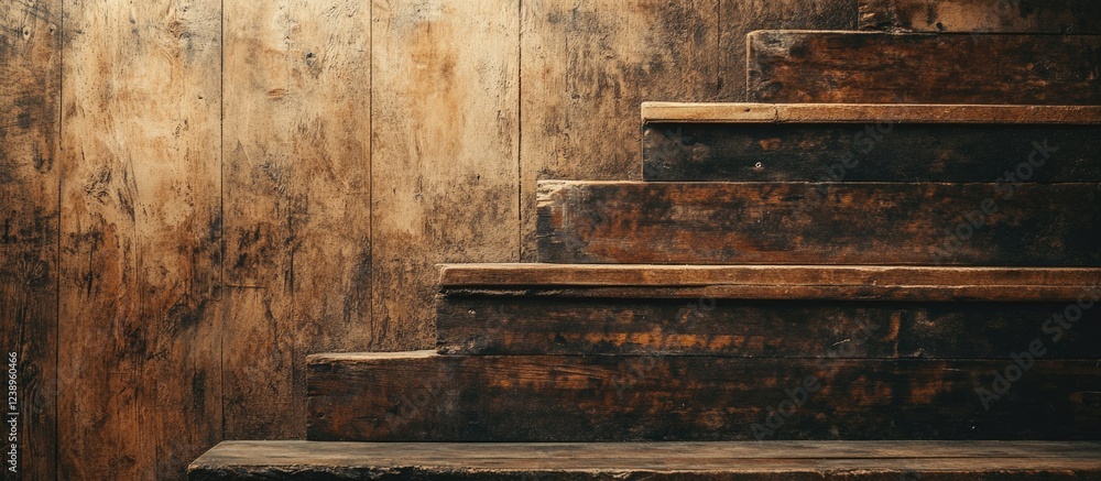 Wooden staircase with rustic texture and worn wooden planks against a weathered wooden wall Copy Space Wooden staircase with rustic texture and worn wooden planks against a weathered wooden wall Copy Space
