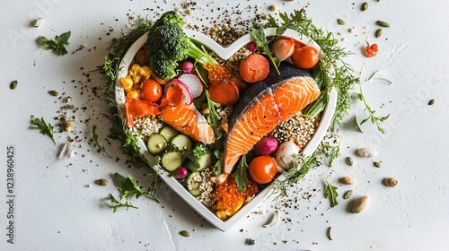 heart-shaped plate filled with healthy food like fish, vegetables, and grains, symbolizing heart disease prevention through diet. NCDs or non-communicable diseases are a group of chronic non-communica photo