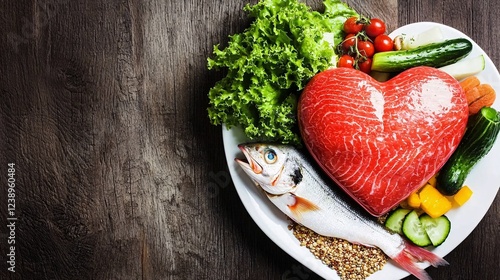 heart-shaped plate filled with healthy food like fish, vegetables, and grains, symbolizing heart disease prevention through diet. NCDs or non-communicable diseases are a group of chronic non-communica photo