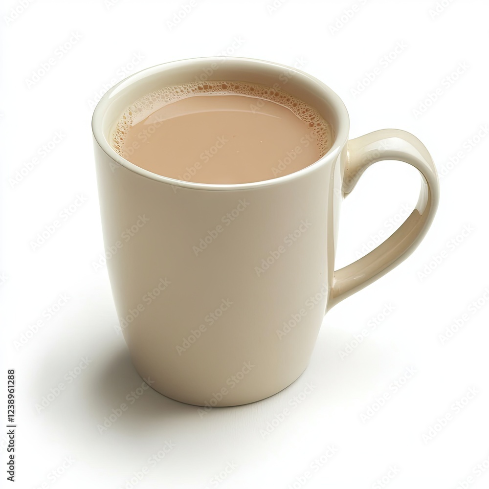 Creamy tea in beige mug, white background; breakfast beverage Creamy tea in beige mug, white background; breakfast beverage