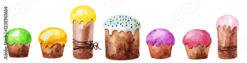 Set of colorful watercolor Easter cakes isolated on white background. Watercolor illustration. Spring holiday banner.