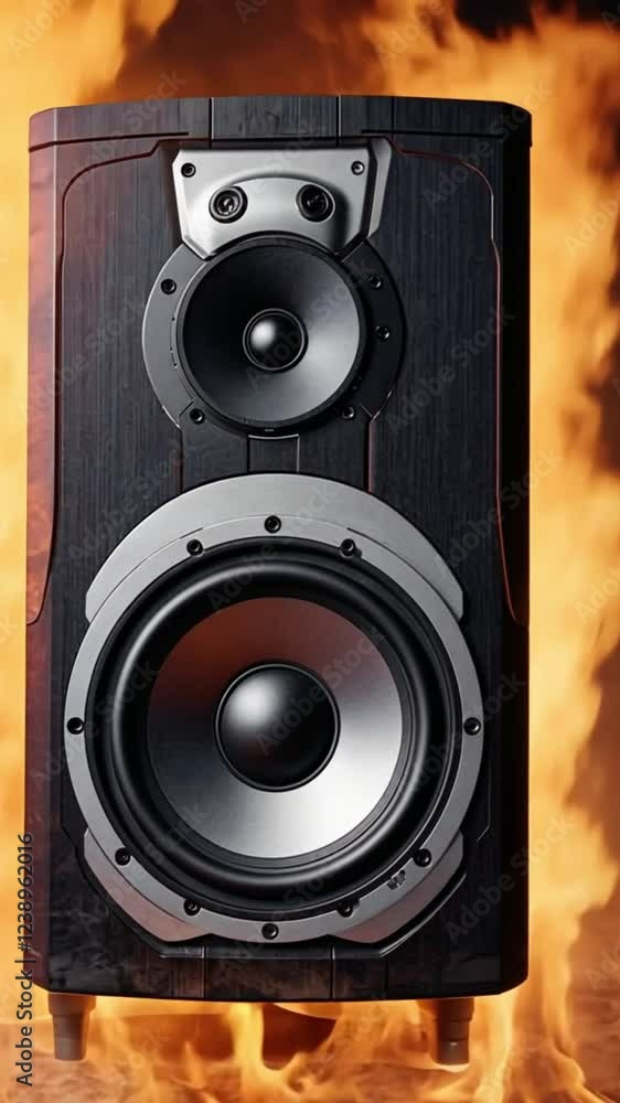 Speakers Surrounded by Fire, Dramatic Scene of Burning Audio Equipment, Glowing Hot Speaker hot music performance, Blazing DJ speakers smoke, club party music heat, techno visual concept