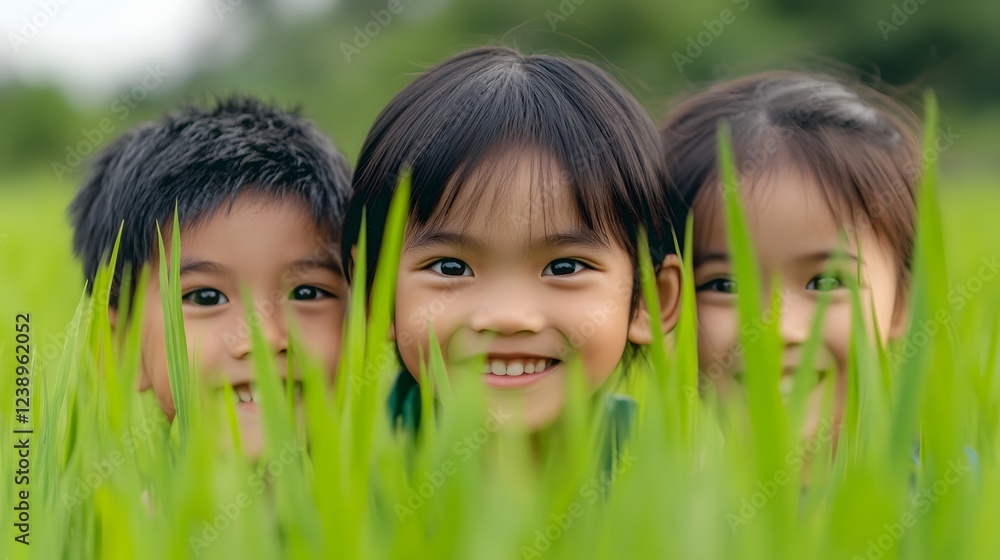 Playful Asian Children Peeking From Rice Field,Capturing Joyful Innocence Playful Asian Children Peeking From Rice Field,Capturing Joyful Innocence