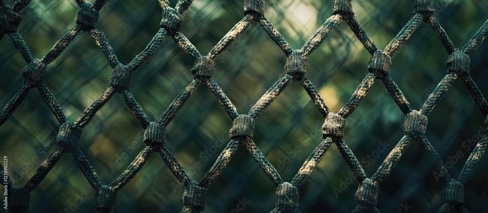 Fototapeta premium Close-up of textured green netting pattern with blurred background and natural light highlighting the grid structure and material details