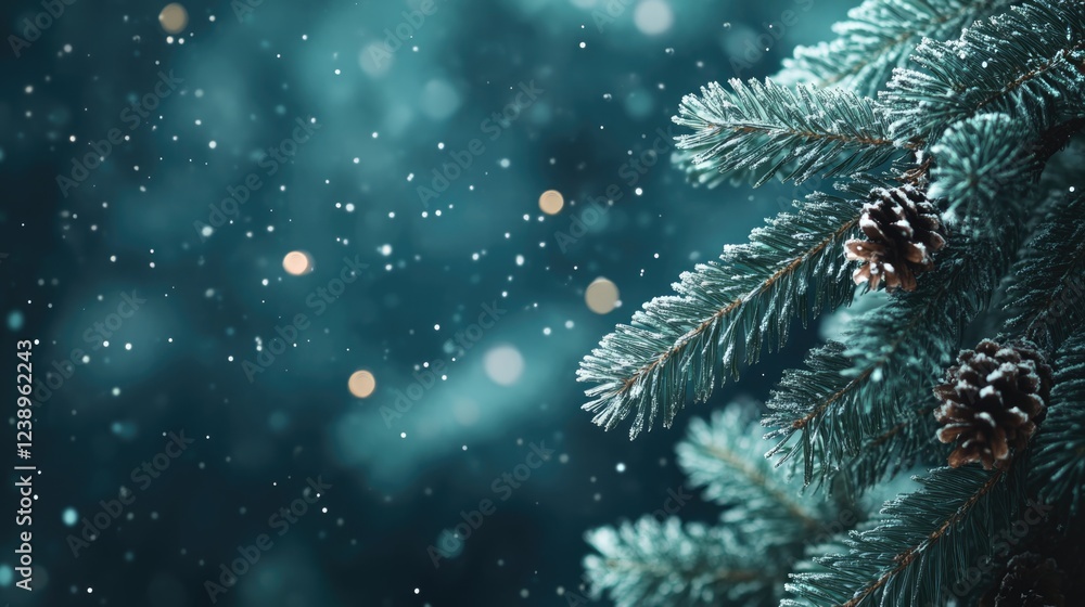 Snowy pine tree branches with pine cones in soft focus background and falling snowflakes during winter season Copy Space Snowy pine tree branches with pine cones in soft focus background and falling snowflakes during winter season Copy Space
