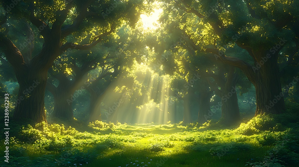 Fototapeta premium Sunbeams illuminate forest path, nature, fantasy, background, game design
